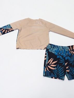 Kids Two-Piece Rash Guard Set in Beige and Tropical Print